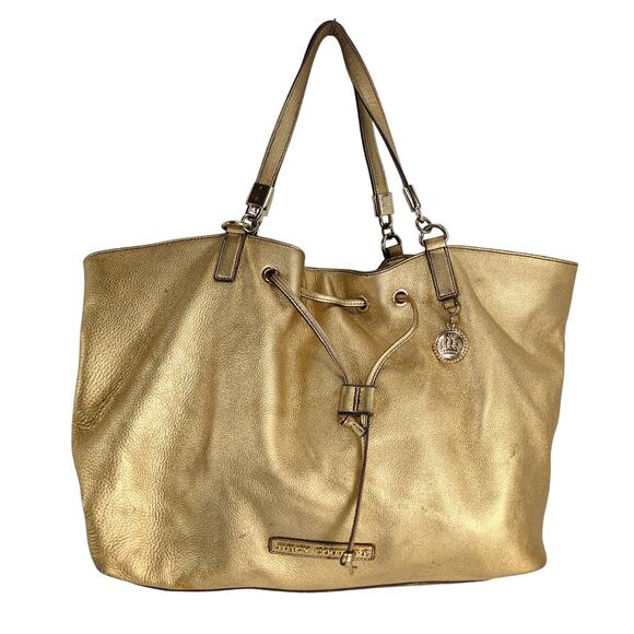 Juicy Couture Robertson Gold Pebble Leather Drawstring Handbag Purse Tote Bag - Picture 1 of 11